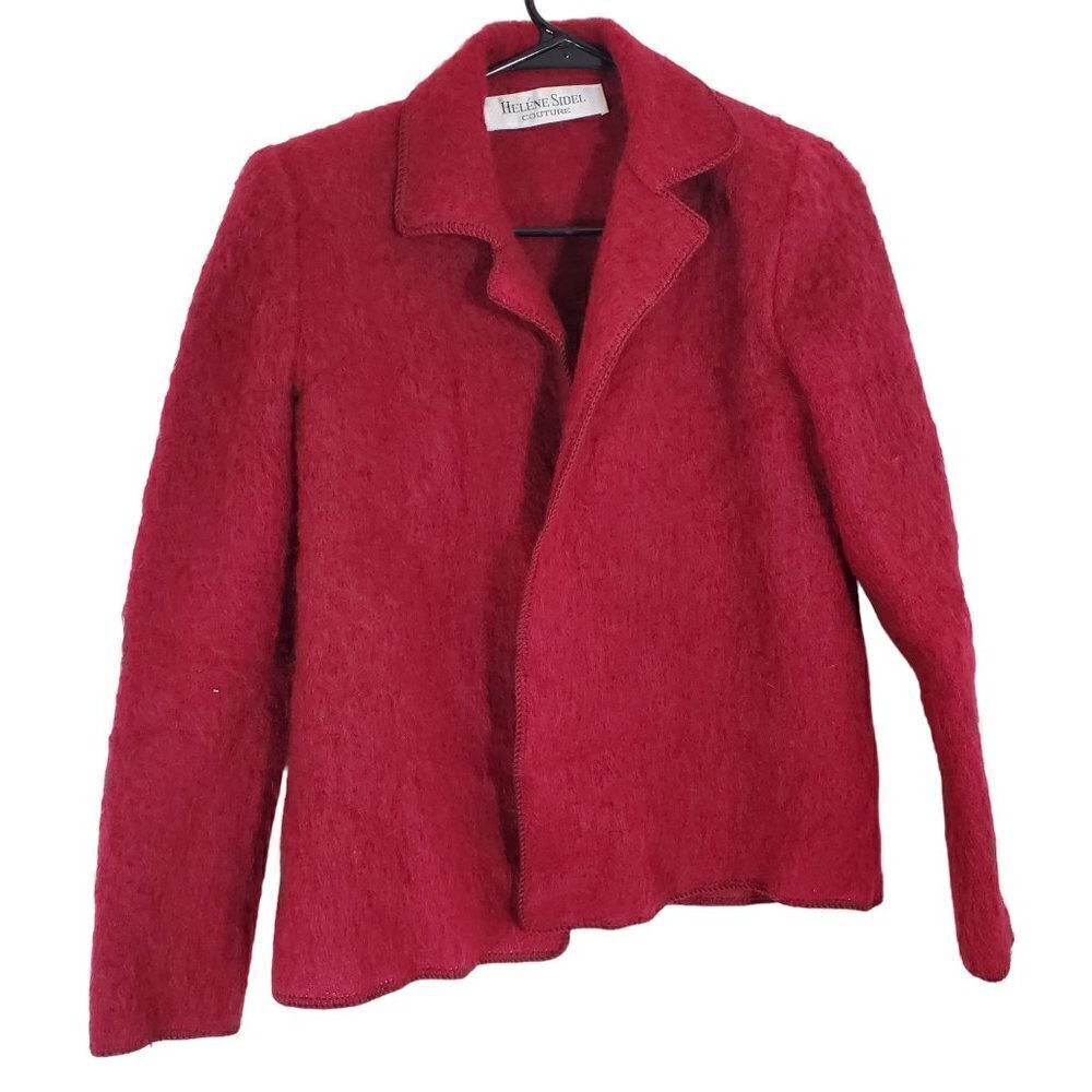 Vintage 80s Helene Sidel Womens 4 Red Mohair Nylon Blend Collared Open Blazer